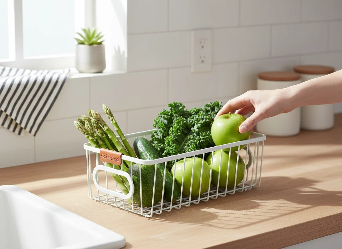 GoHooked white wire grid storage basket bin filled with fresh produce like apples, kale, asparagus, and cucumber on a kitchen counter.