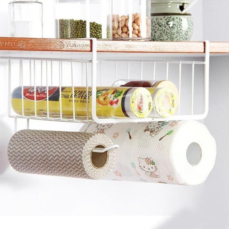GoHooked white wire under shelf basket holding kitchen items, with paper towels below.