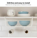 Go Hooked white wire under shelf basket holding blue bowls, mounted on a cabinet shelf.