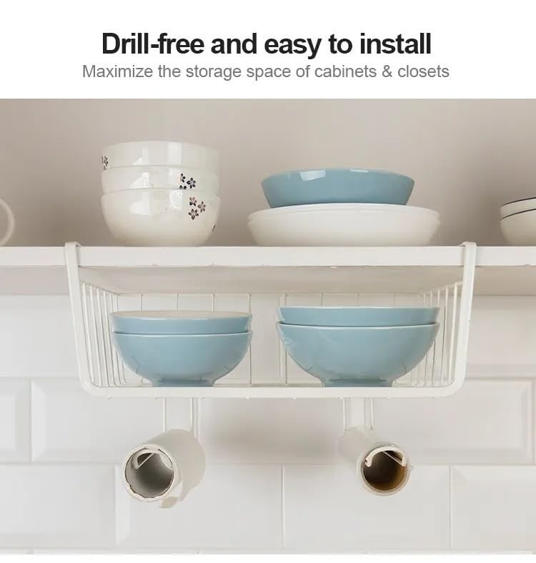 Go Hooked white wire under shelf basket holding blue bowls, mounted on a cabinet shelf.