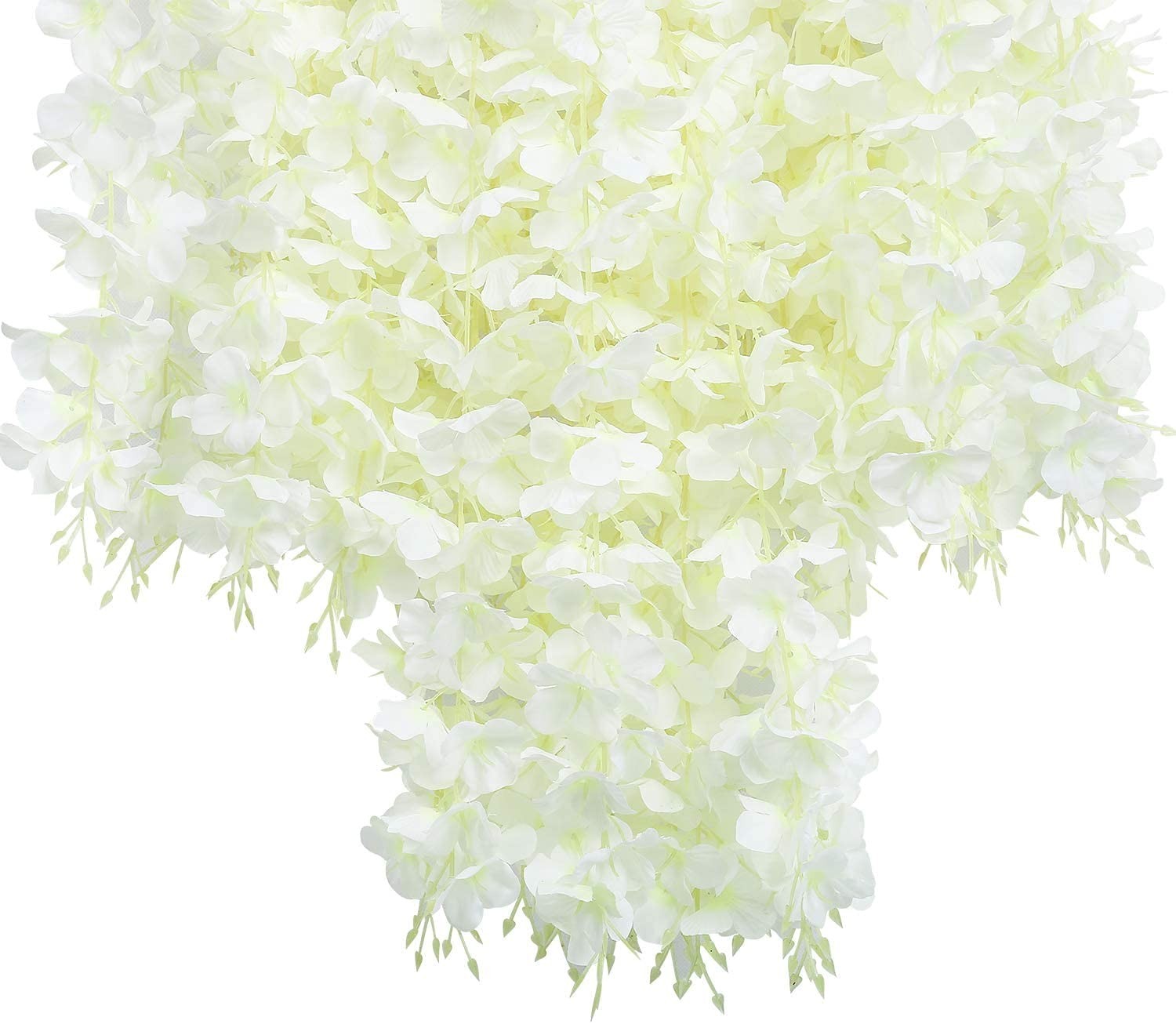 GoHooked white artificial wisteria vine garland made of silk flowers, 3.6 feet long, sold in a pack of 12.