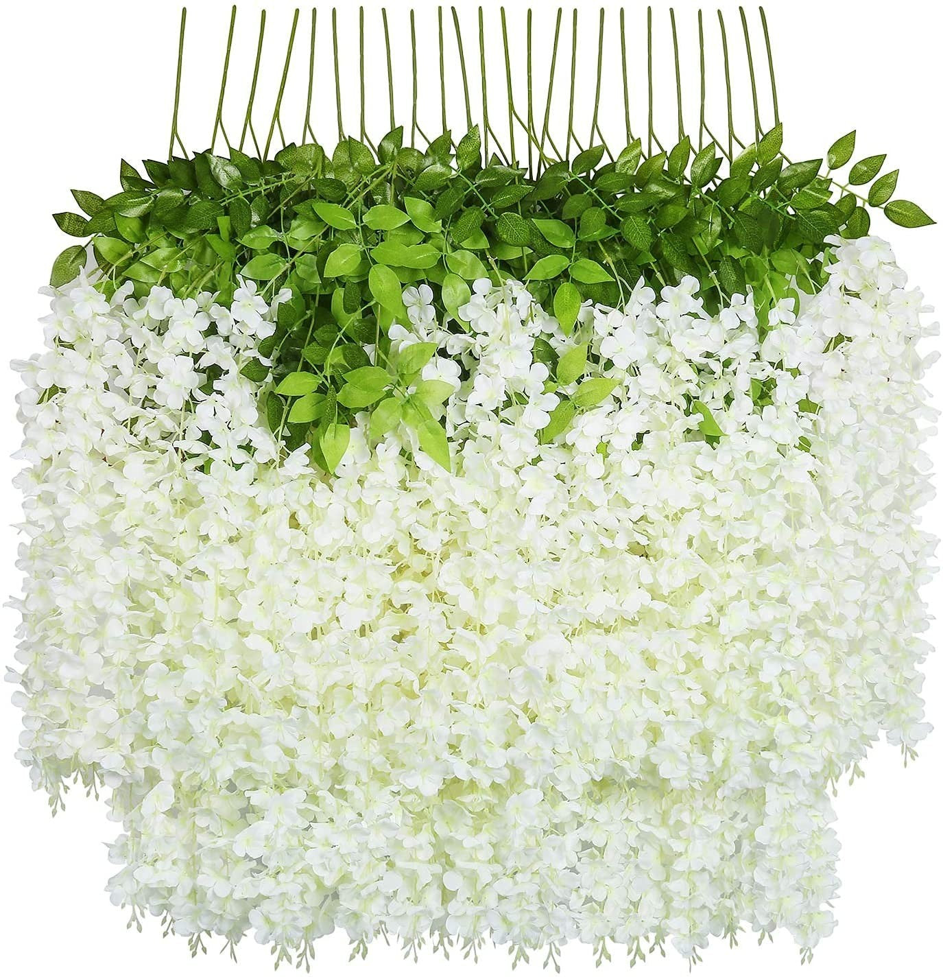 GoHooked 12 pack of white artificial wisteria vines with green leaves, made of silk cloth, 3.6 feet long.