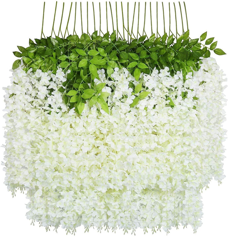 GoHooked 12 pack of white artificial wisteria vines with green leaves, made of silk cloth, 3.6 feet long.