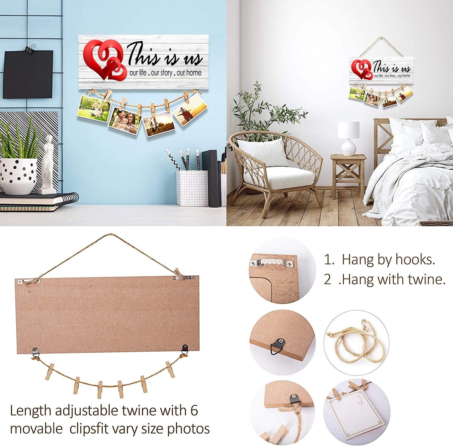 GoHooked white MDF wood wall sign with "This is us" text, red hearts, and twine for hanging 6 photos. Rustic farmhouse decor.