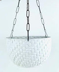 GoHooked white round woven plastic hanging planter with black chain, 7.5 inch diameter