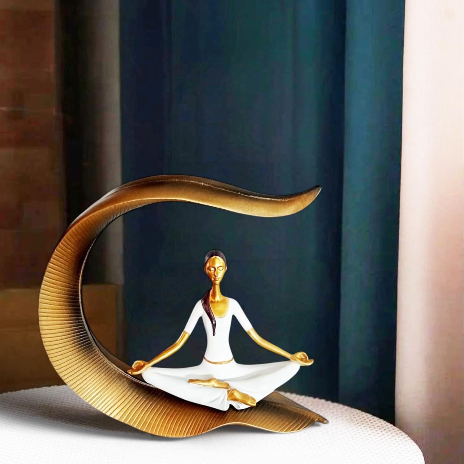 GoHooked white polyresin meditating yoga lady statue with gold accents, seated in lotus pose.