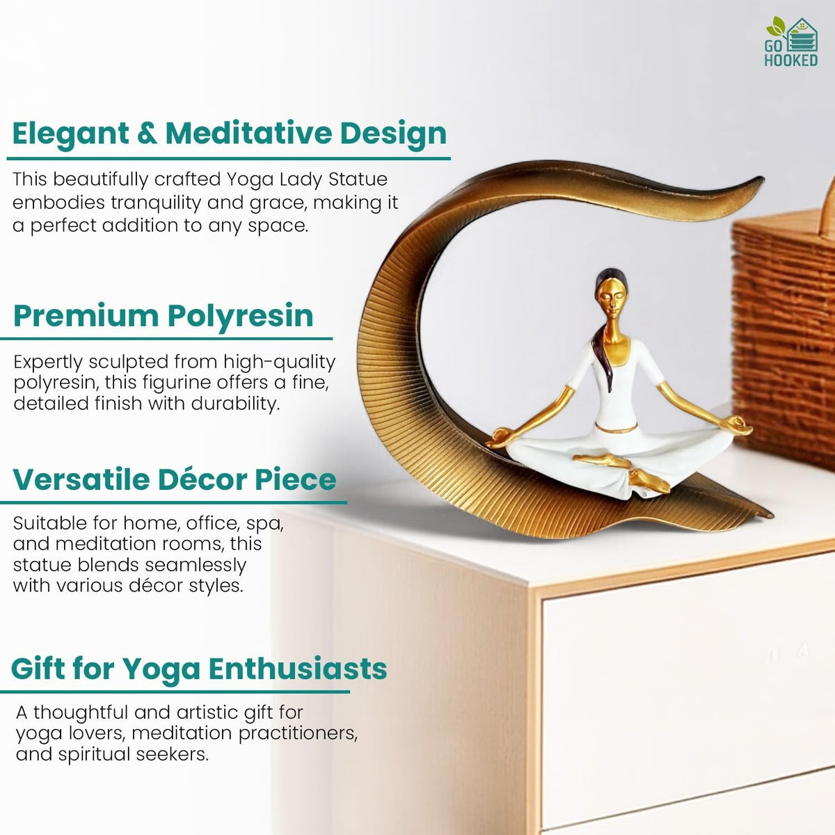 Go Hooked white polyresin meditating yoga lady statue with gold accents, seated in lotus pose.
