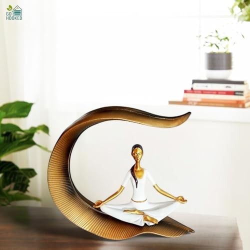 Go Hooked white polyresin meditating yoga lady statue with gold accents, seated in lotus pose.