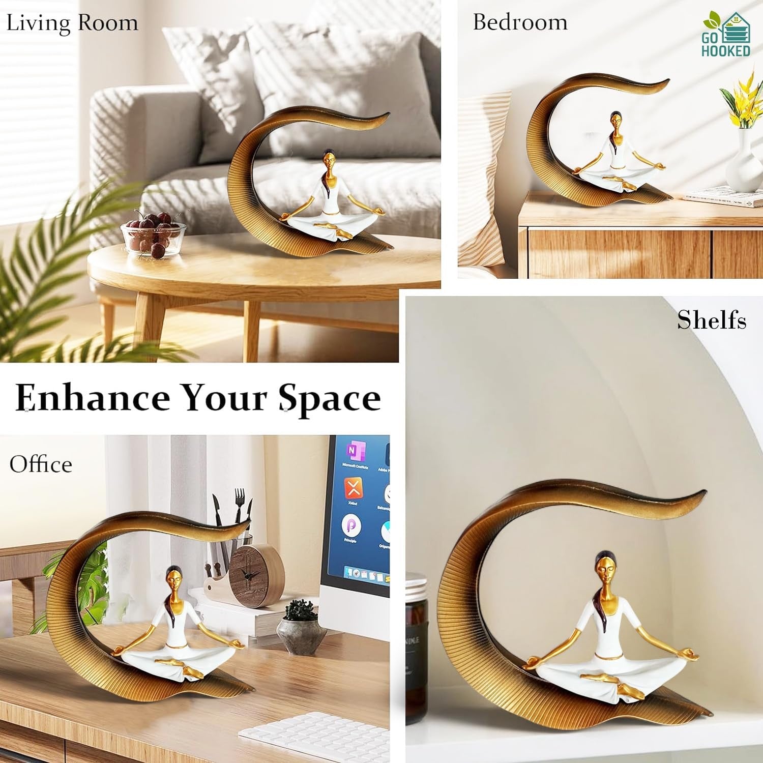 Go Hooked white polyresin meditating woman yoga statue with gold curved base, 22cm tall.