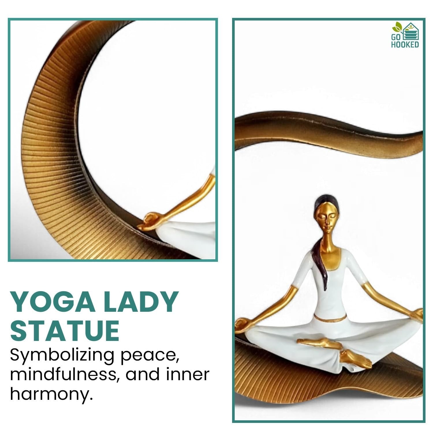 GoHooked white polyresin yoga lady statue meditating in lotus pose with gold accents, symbolizing peace and mindfulness.