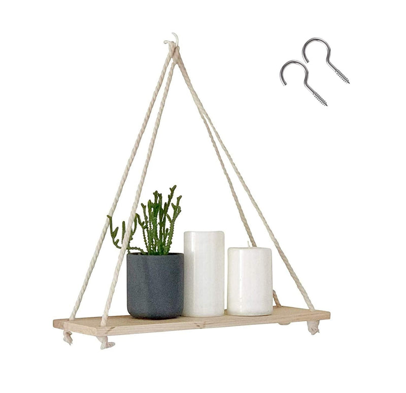 GoHooked natural wood hanging shelf with rope, holding a plant and two white candles. Farmhouse style.