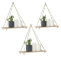 GoHooked set of 2 rustic wood hanging shelves with rope accents, displaying potted plants and candles.
