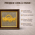 GoHooked brown wooden frame wall hanging with 7 gold running horses and sun, pyrite stone dust background.
