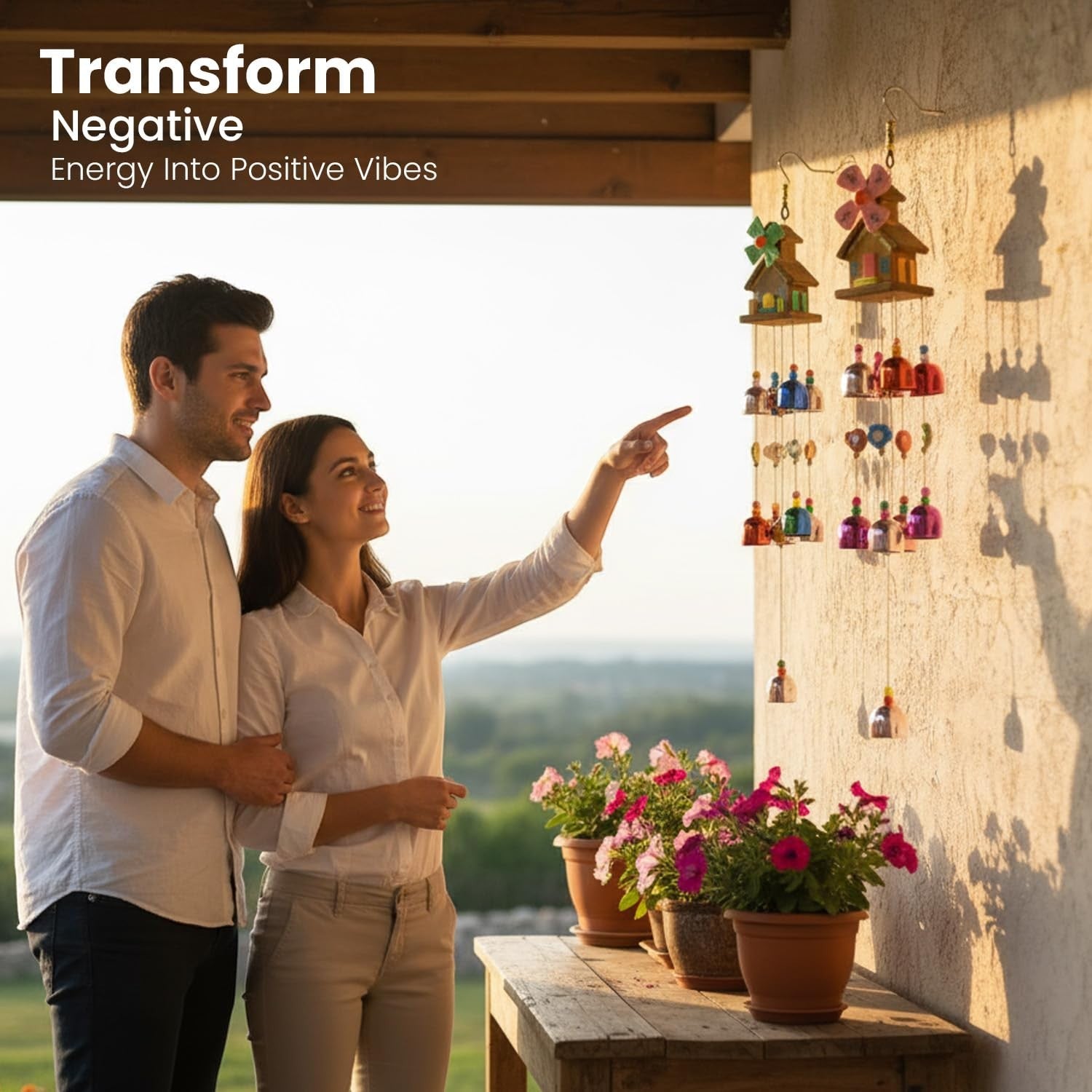 GoHooked handcrafted wooden house wind chime with colorful bells and beads, perfect for home decor and positive energy.