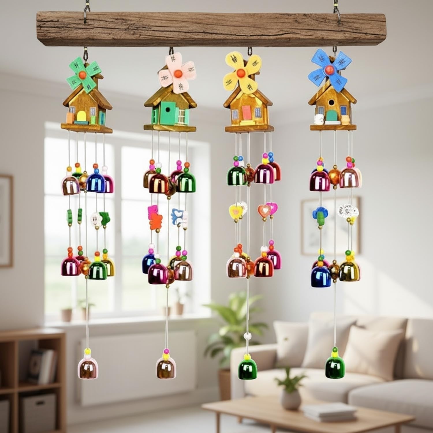 GoHooked handcrafted wooden house wind chime with colorful bells and beads, green roof, whimsical style.