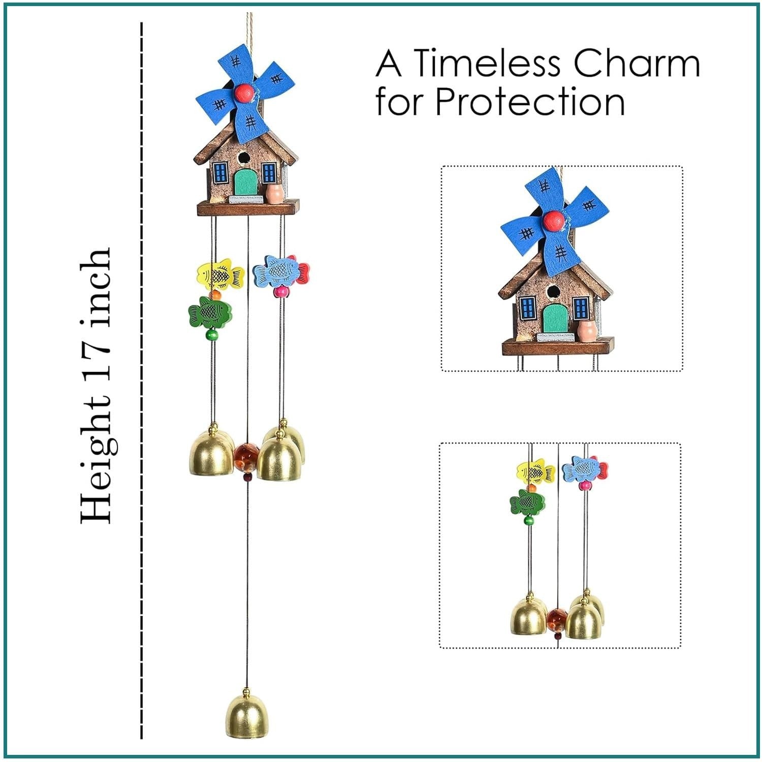 GoHooked handcrafted wooden house wind chime with blue windmill, colorful fish beads, and brass bells. Ideal for home decor.