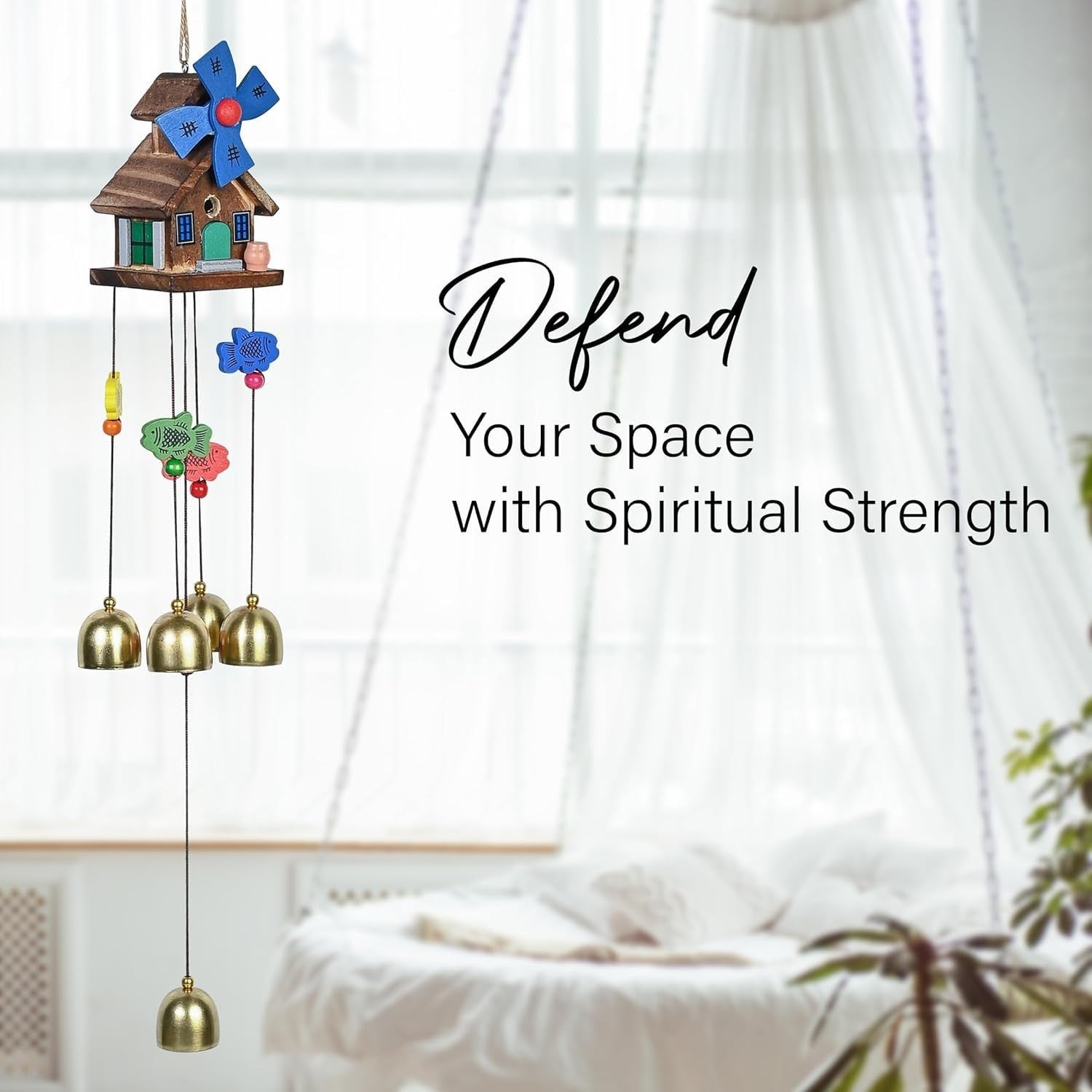GoHooked handcrafted wooden house wind chime with blue windmill, colorful beads, and brass bells. Balcony decor.