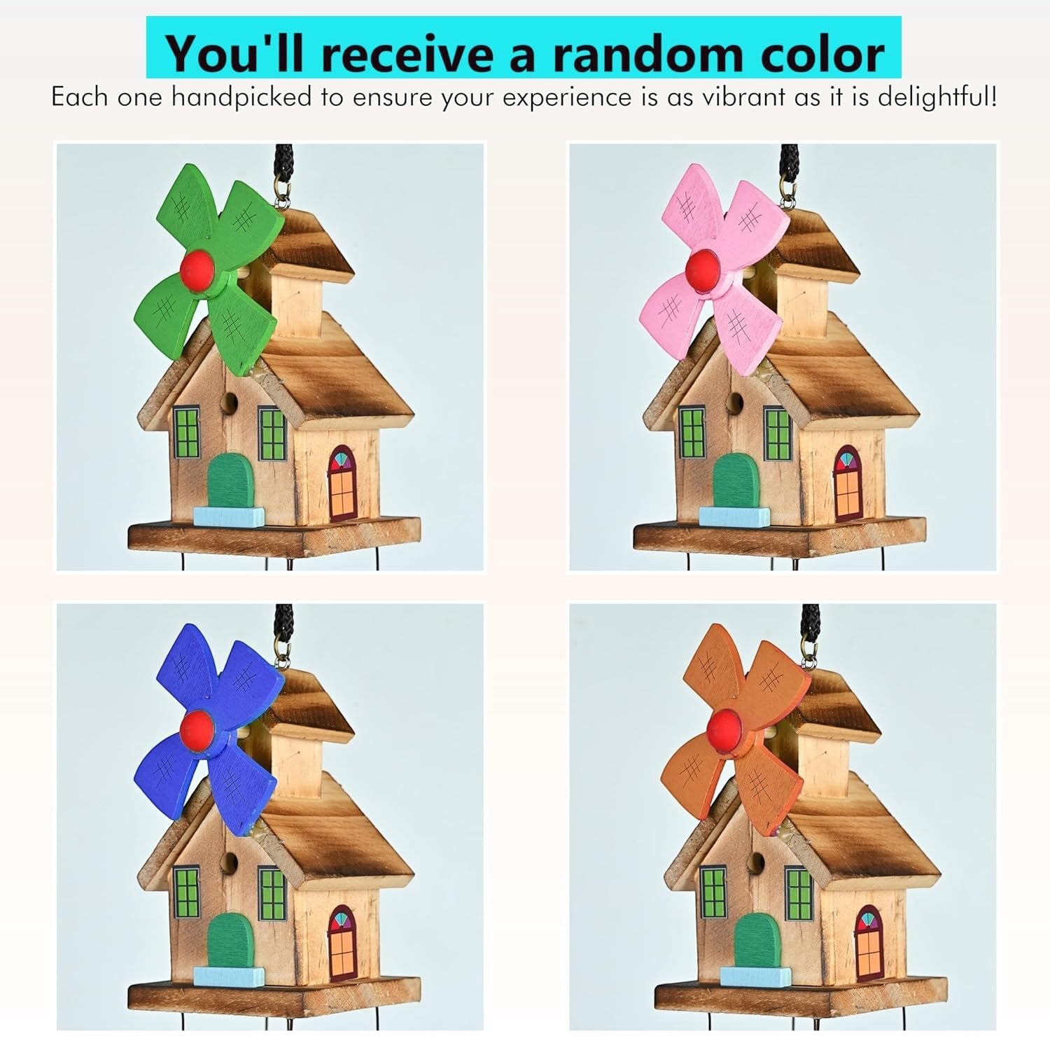 GoHooked handcrafted wooden house wind chime with colorful windmill top, green doors and windows, and hanging bells. Balcony decor.