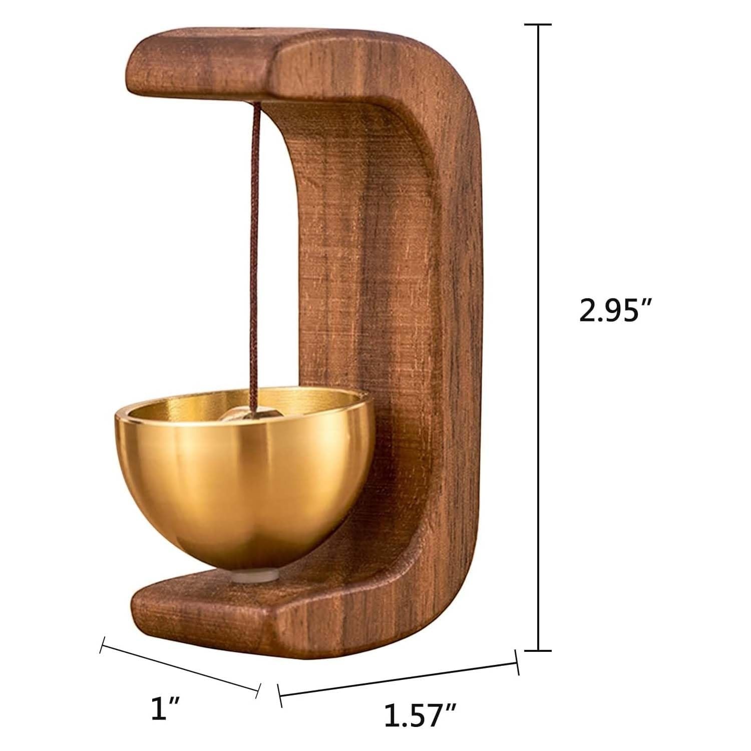 Go Hooked dark brown wooden magnetic doorbell with brass bell, minimalist style, for home entrance or meditation.