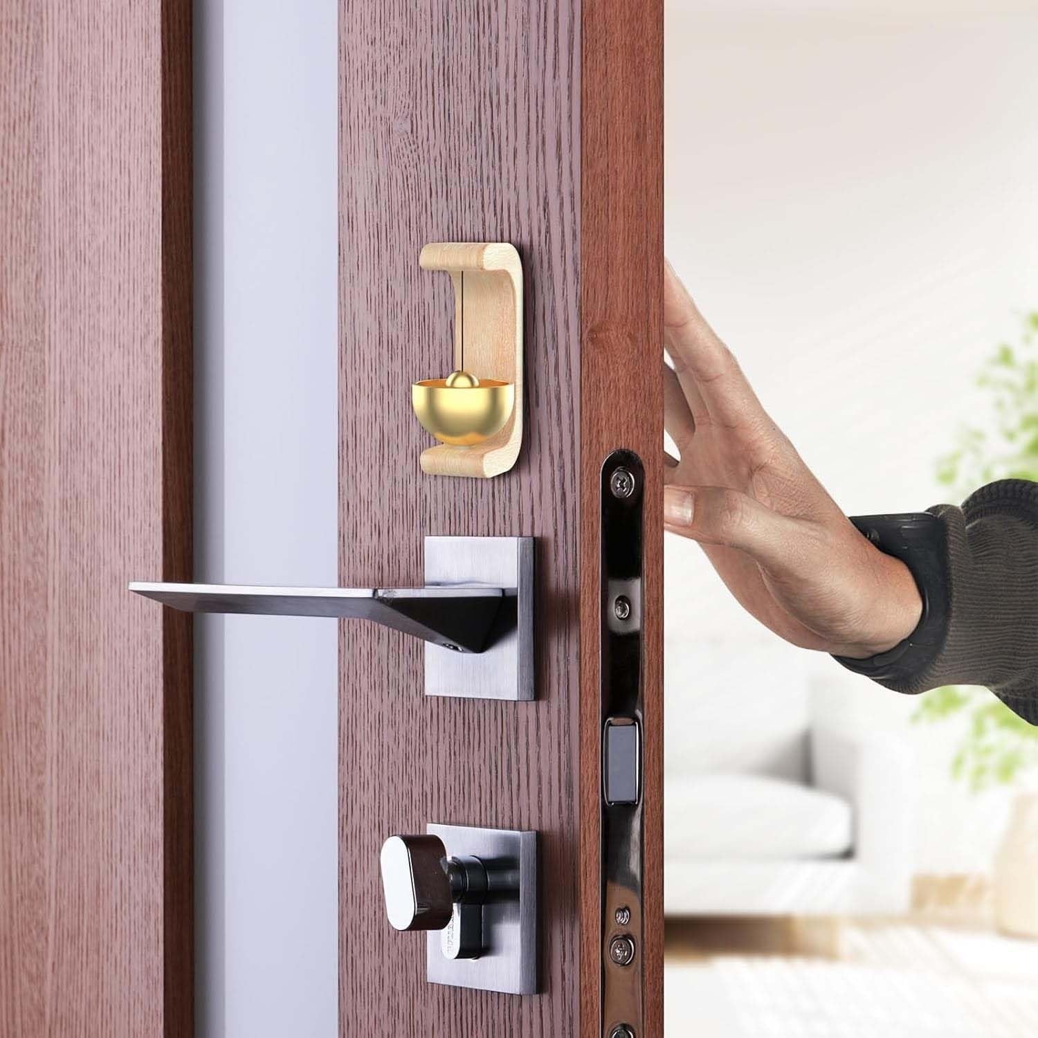 Go Hooked Japanese style wooden magnetic doorbell with brass bell, natural wood finish, for home entrance or meditation.