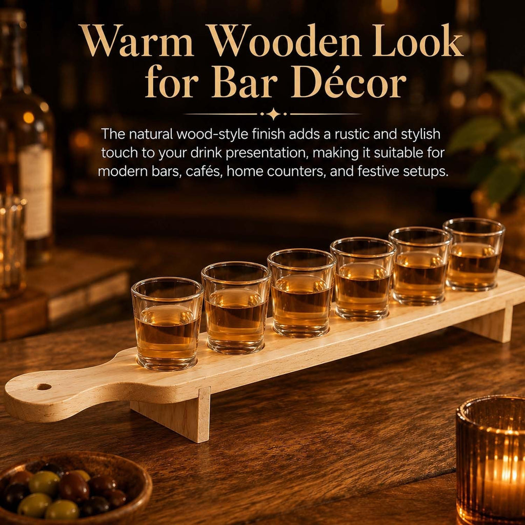 GoHooked wooden shot glass serving paddle with six clear glasses filled with amber liquid on a rustic table