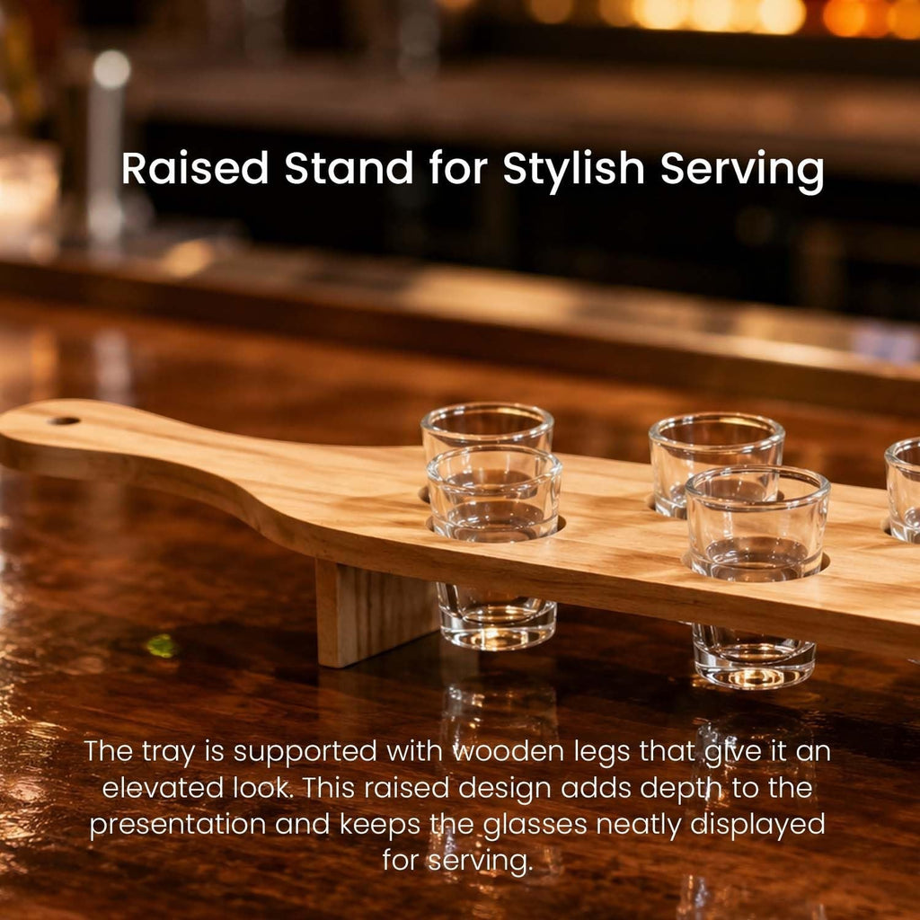 GoHooked wooden shot glass paddle set with six clear glasses on an elevated serving board for party hosting
