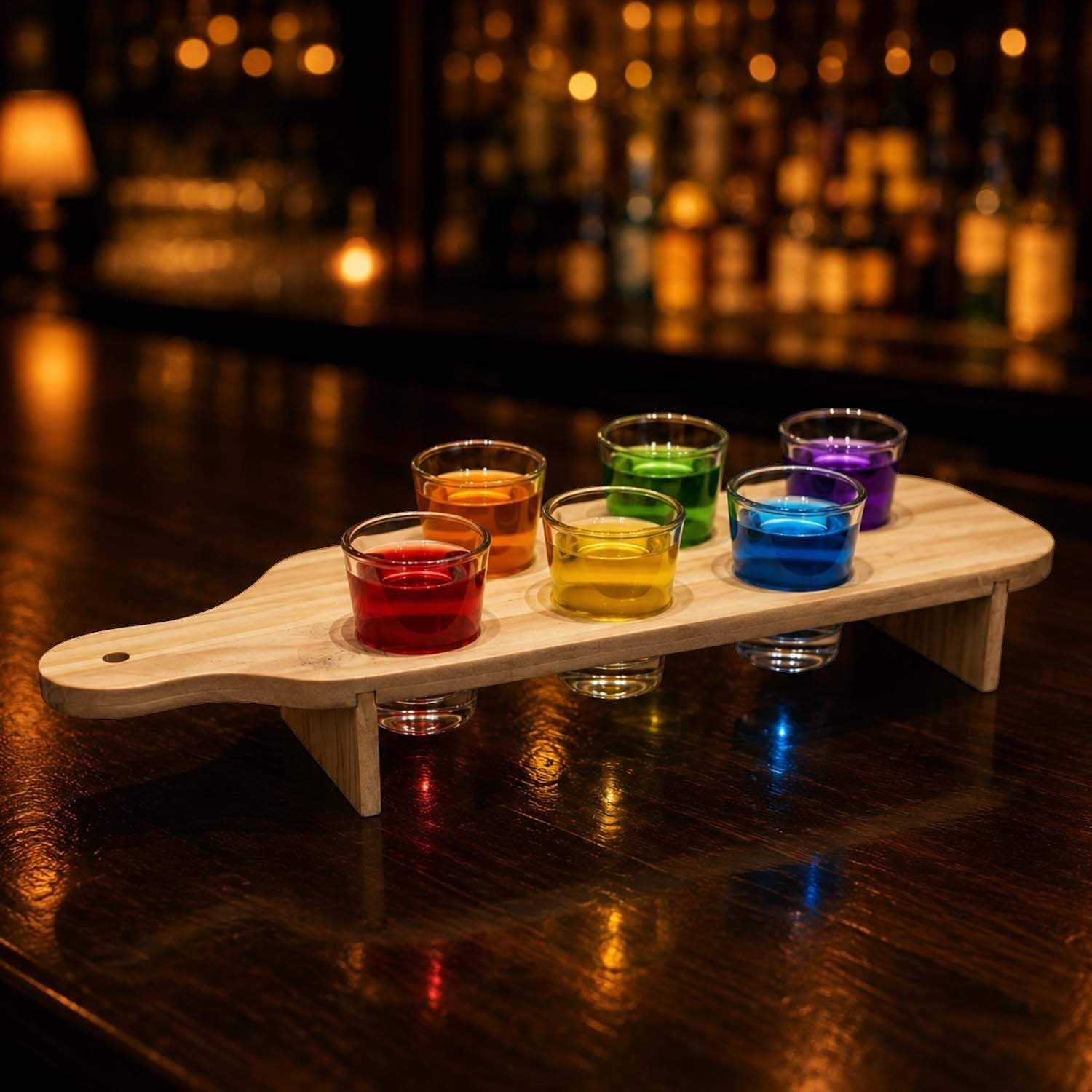 GoHooked wooden serving paddle with six colorful shot glasses on a dark bar counter for party presentation