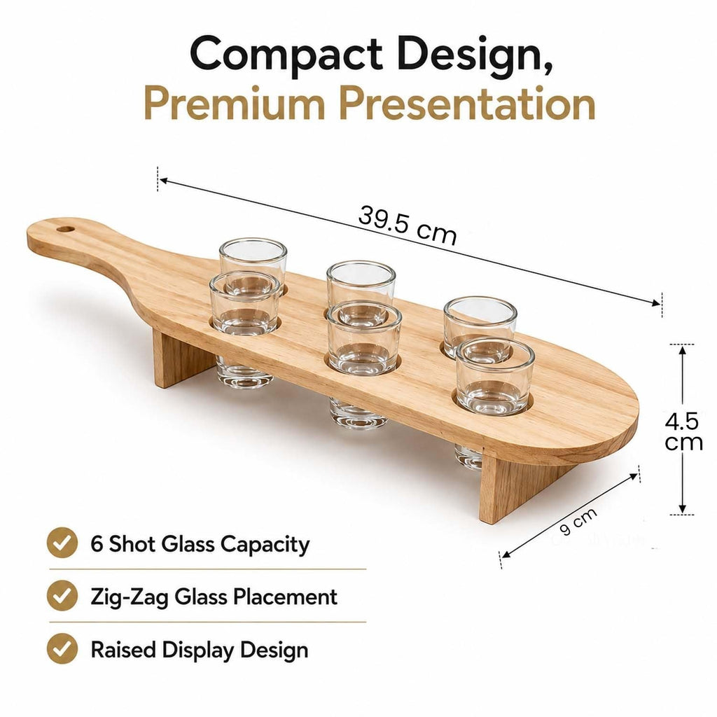 GoHooked wooden shot glass paddle set with 6 clear glasses, featuring a zig-zag design and elevated display stand.