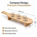 GoHooked wooden shot glass paddle set with 6 clear glasses, featuring a zig-zag design and elevated display stand.