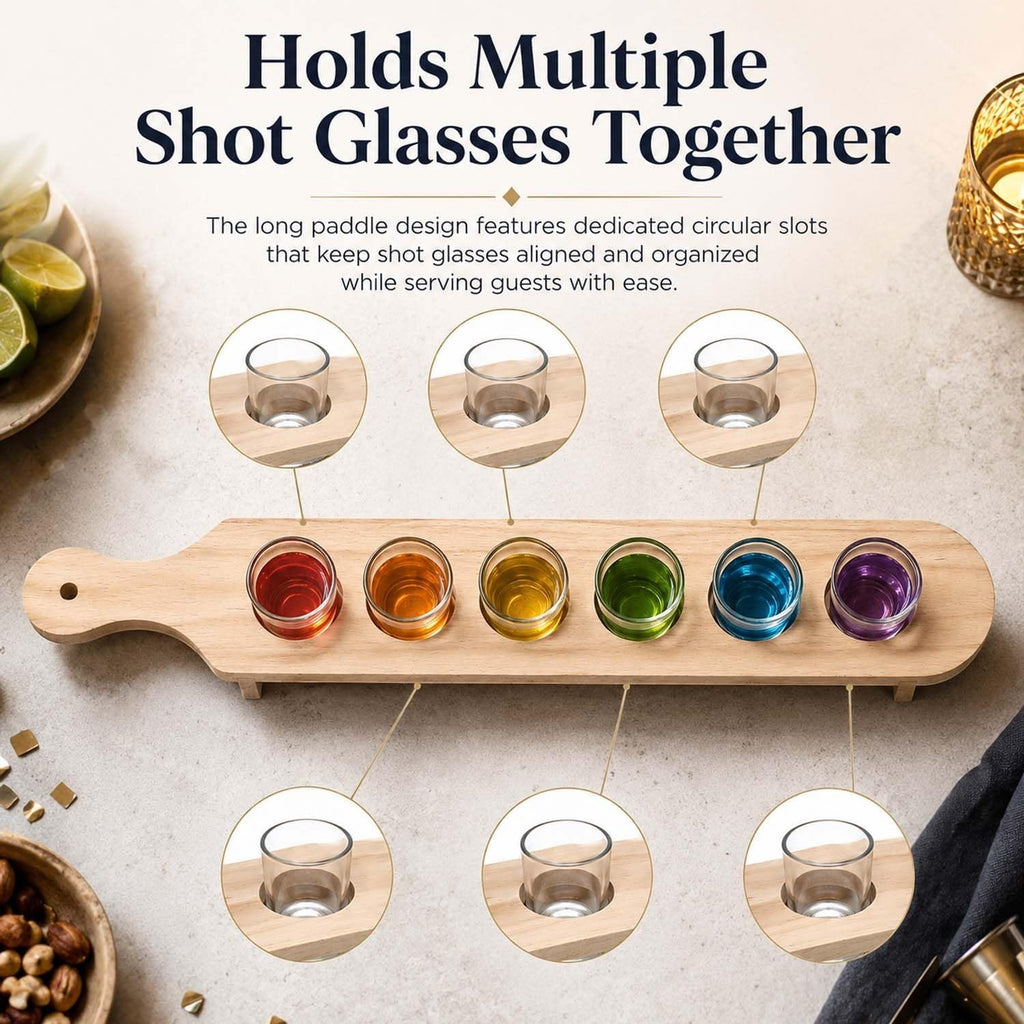 GoHooked wooden serving paddle with six colorful shot glasses for party hosting and table presentation