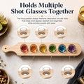 GoHooked wooden serving paddle with six colorful shot glasses for party hosting and table presentation