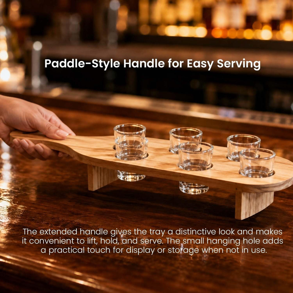 GoHooked wooden shot glass paddle set with six clear 30ml glasses on a bar counter for easy serving and display