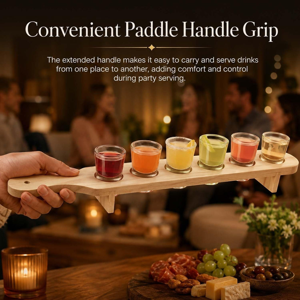 GoHooked wooden shot glass paddle set with six 30ml glasses, held by a hand in a warm, festive party setting.