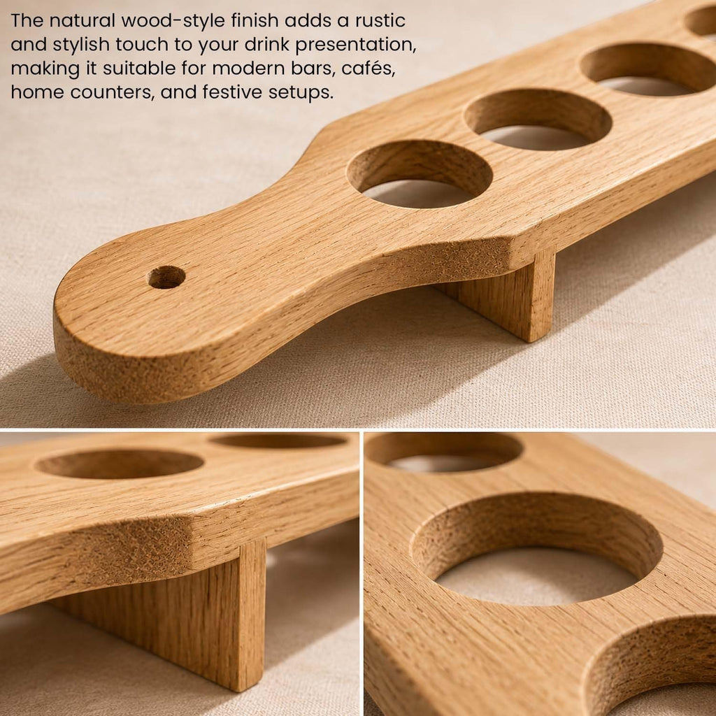 GoHooked wooden shot glass serving paddle with six circular cutouts for organized drink presentation and hosting