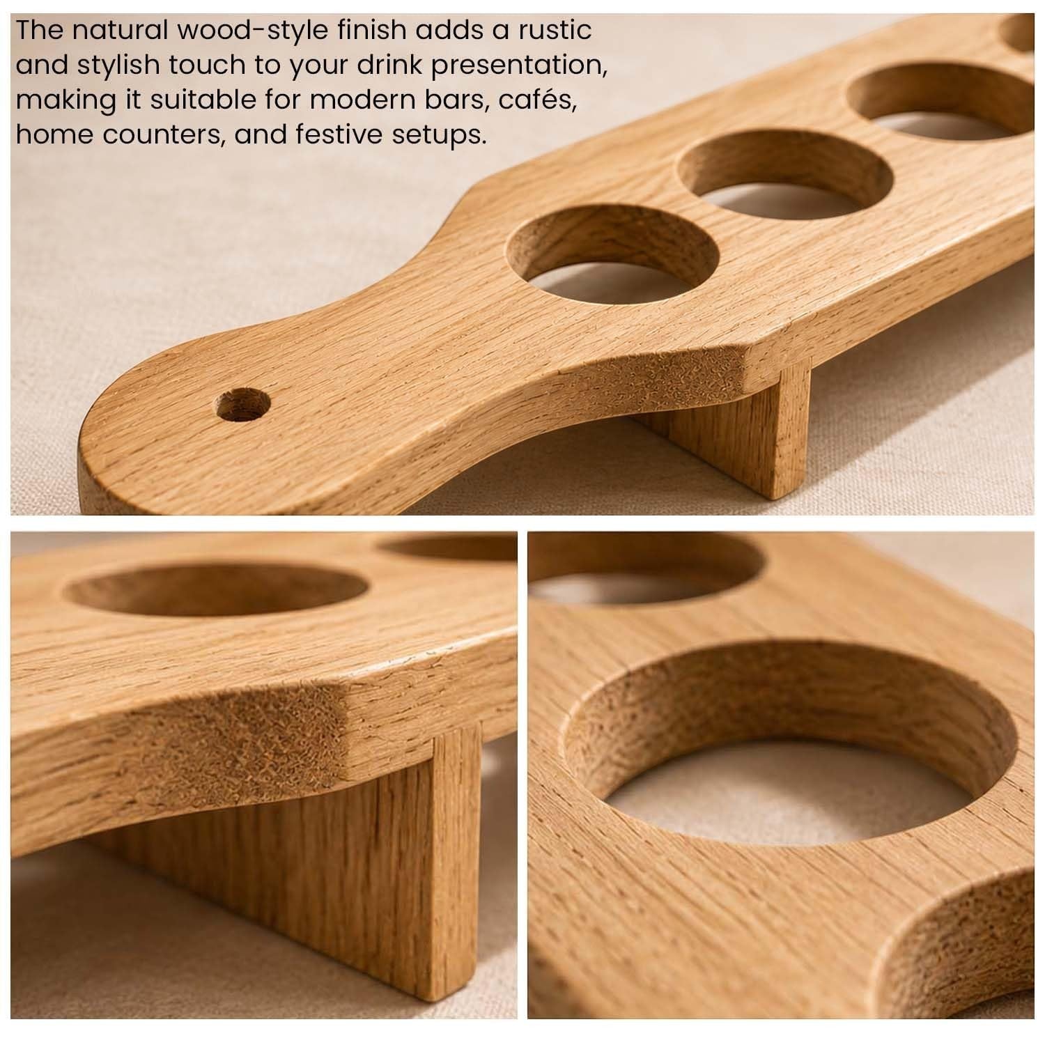 GoHooked wooden shot glass serving paddle with circular cutouts and elevated stand for party drink presentation