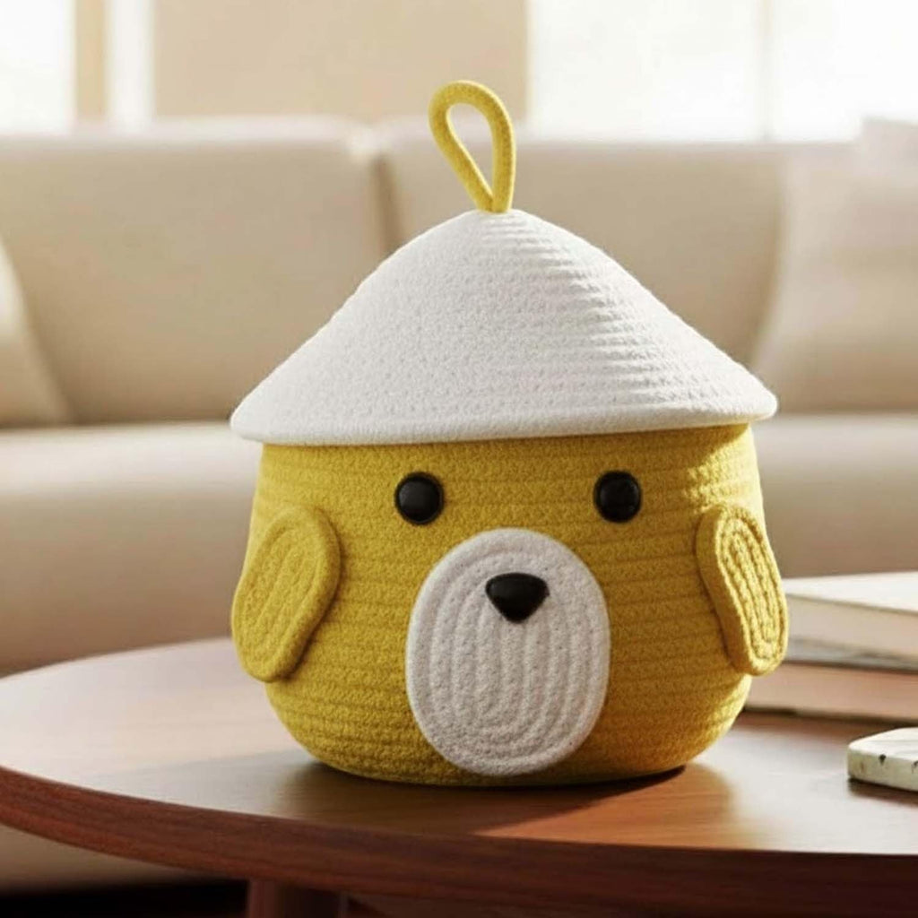 Go Hooked Cute Animal Face Rope Storage Basket with Lid for Kids | Premium Red Cotton Rope Nursery Organizer for Toys, Baby Essentials, Bathroom & Home Décor | Soft & Durable Handcrafted Basket