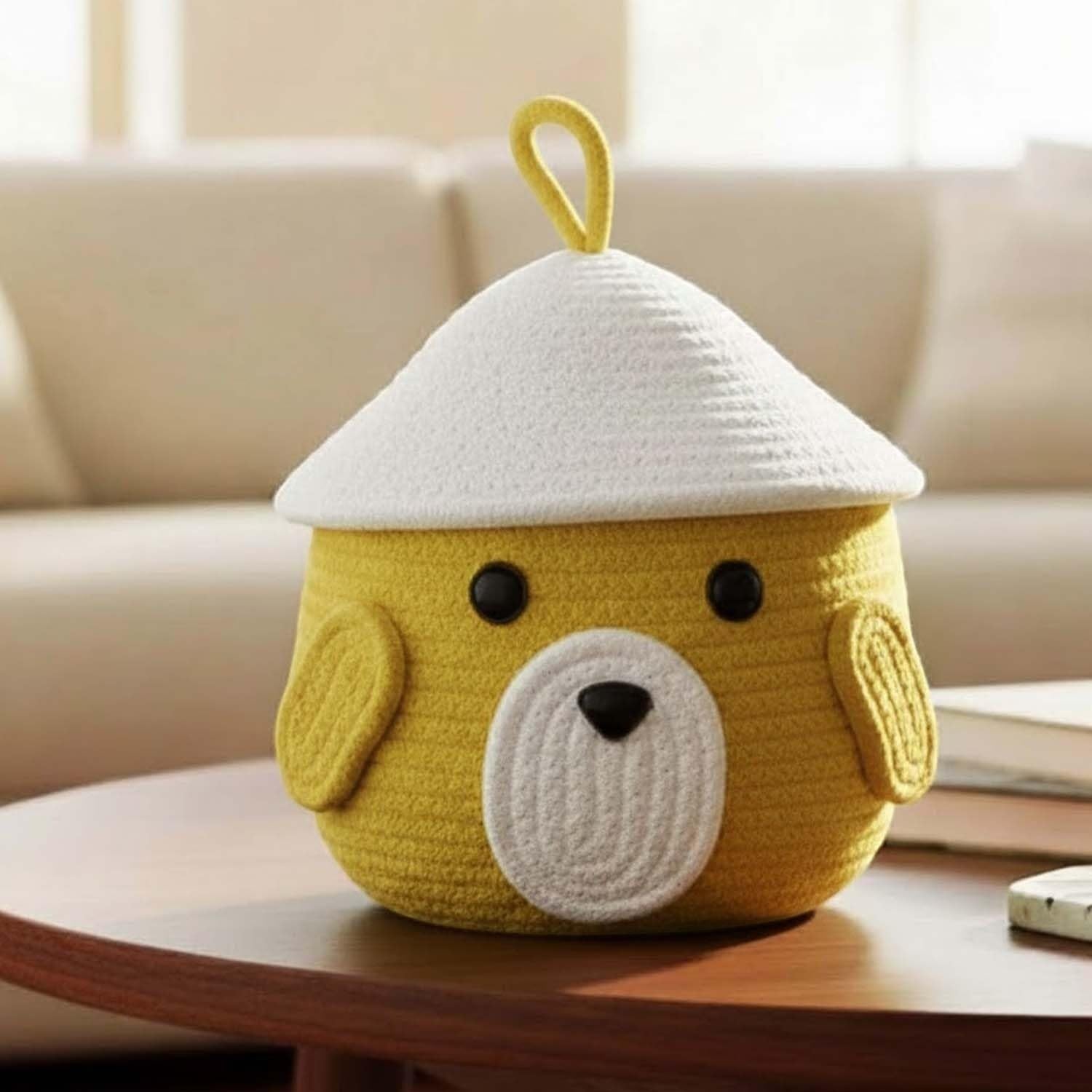 GoHooked yellow cotton rope storage basket with lid, featuring a cute animal face design with ears and a white dome lid. Ideal for nursery organization.