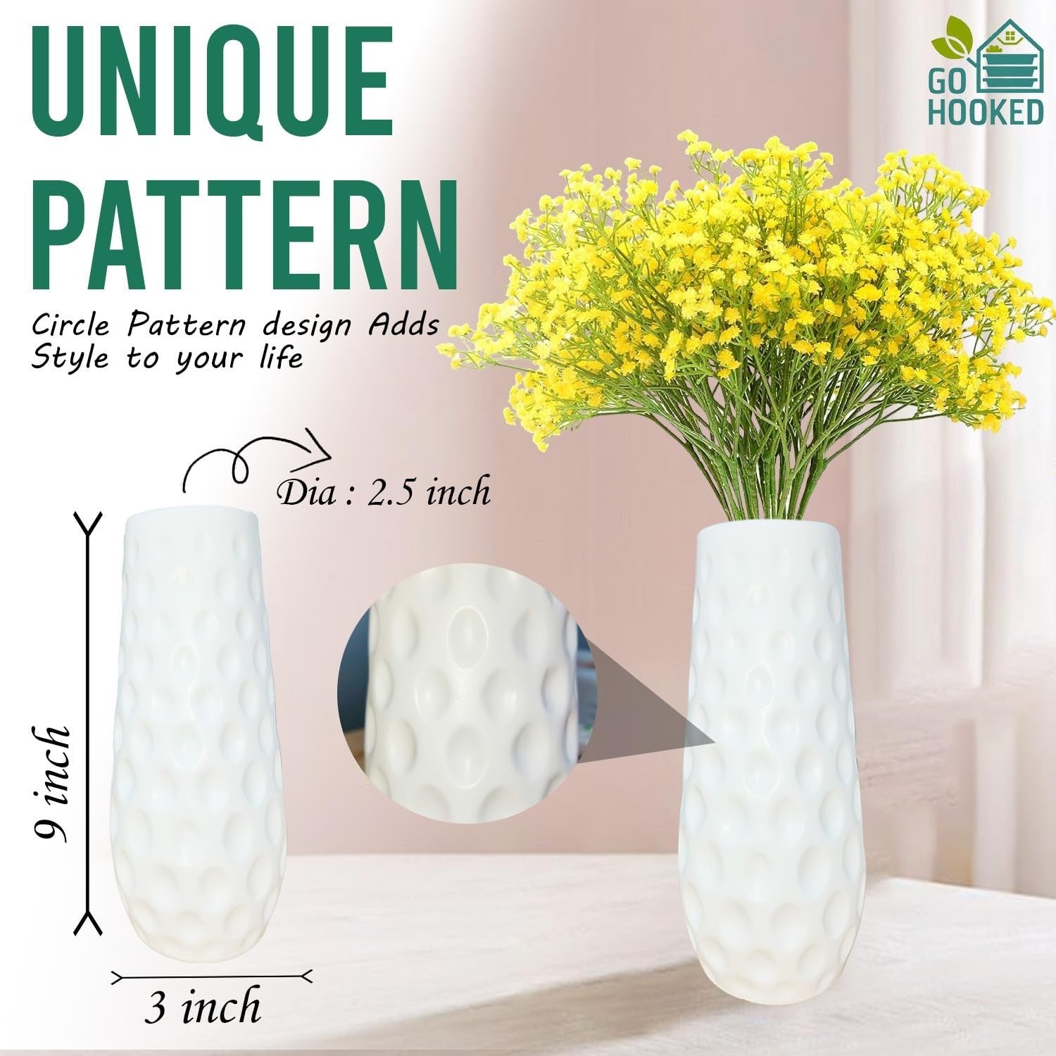 GoHooked yellow artificial baby's breath flowers in a white textured vase. Realistic faux flowers for decor.