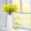 GoHooked yellow artificial baby's breath flowers in a white textured vase, realistic plastic and rubber construction.