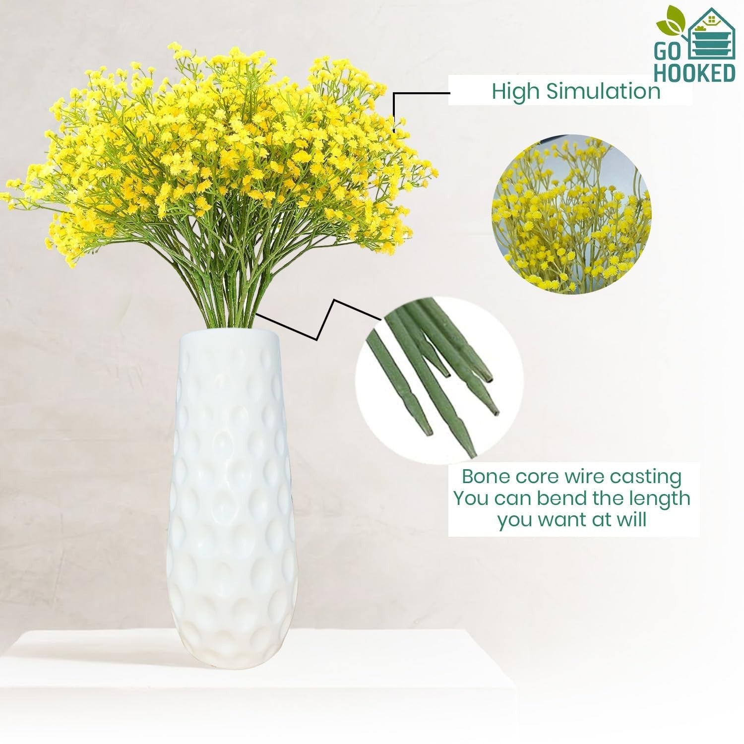 Go Hooked yellow artificial baby's breath flowers in a white textured vase. Realistic floral arrangement for decor.