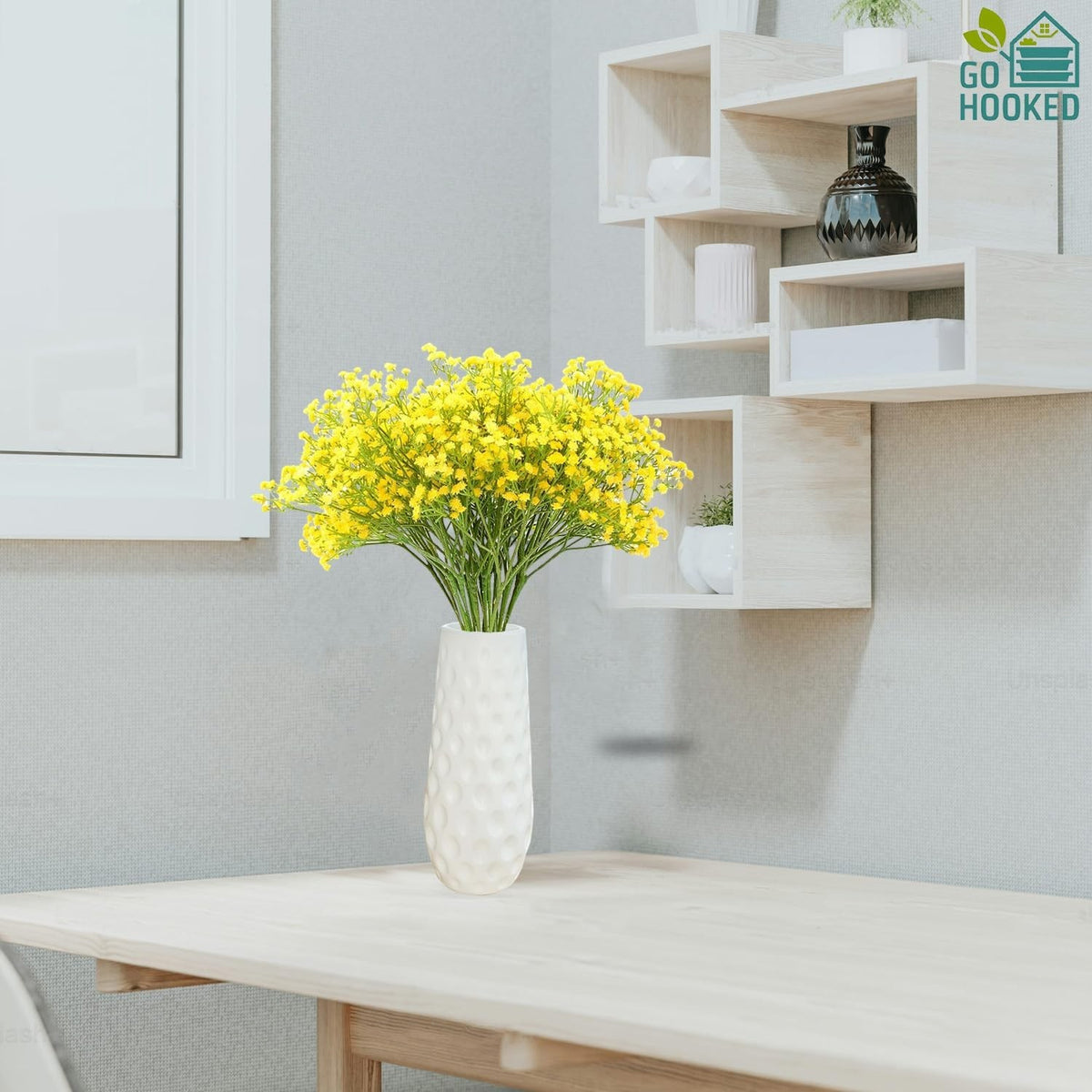 GoHooked yellow artificial baby's breath flowers in a white textured vase, realistic real touch floral arrangement for decor.