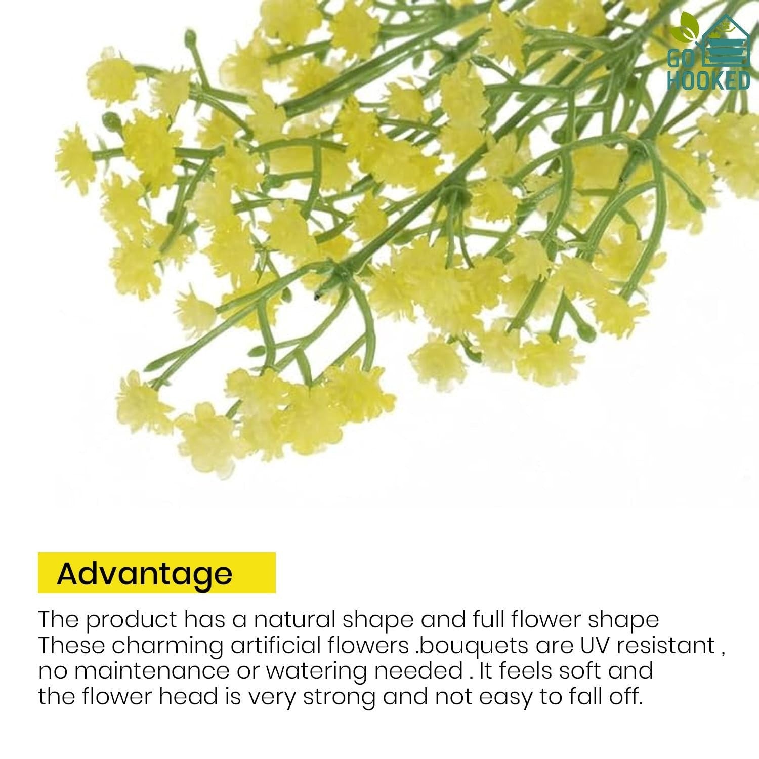 GoHooked yellow artificial baby's breath flowers with realistic soft rubber flower heads and plastic stems, perfect for bouquets and decor.