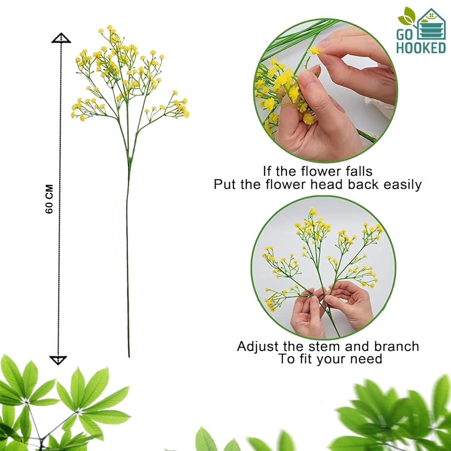Go Hooked yellow artificial baby's breath flowers, 60cm tall, with flexible stems for floral arrangements.