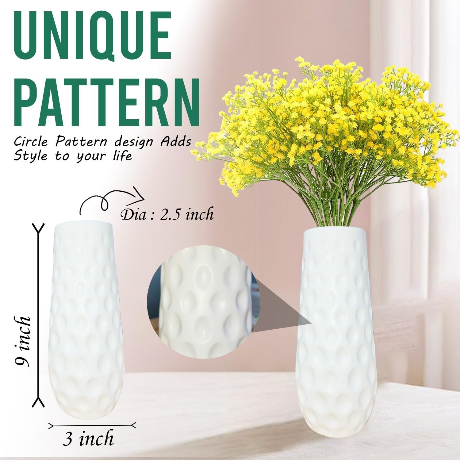 GoHooked yellow artificial baby's breath flowers in a white textured vase. Realistic faux flowers for decor.