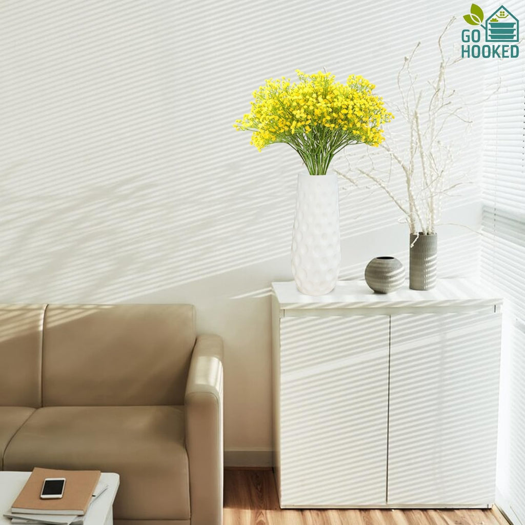 Go Hooked yellow artificial baby's breath flowers in a white vase, realistic real touch, perfect for bouquets and decor.