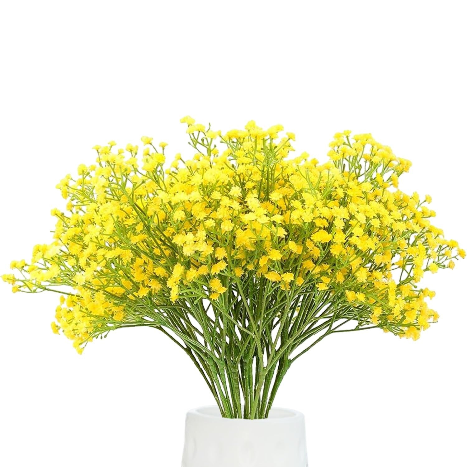 Go Hooked yellow artificial baby's breath flowers in a white vase, 45cm tall, realistic faux plant decor.