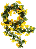 GoHooked yellow artificial rose orchid flower garland with green leaves, made of silk and plastic, 50cm long.