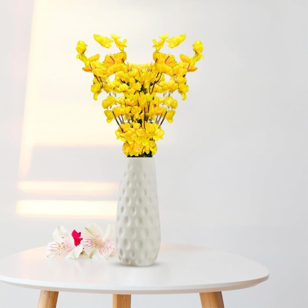 GoHooked yellow artificial flowers in a white textured vase, realistic faux blossoms for home and office decor.