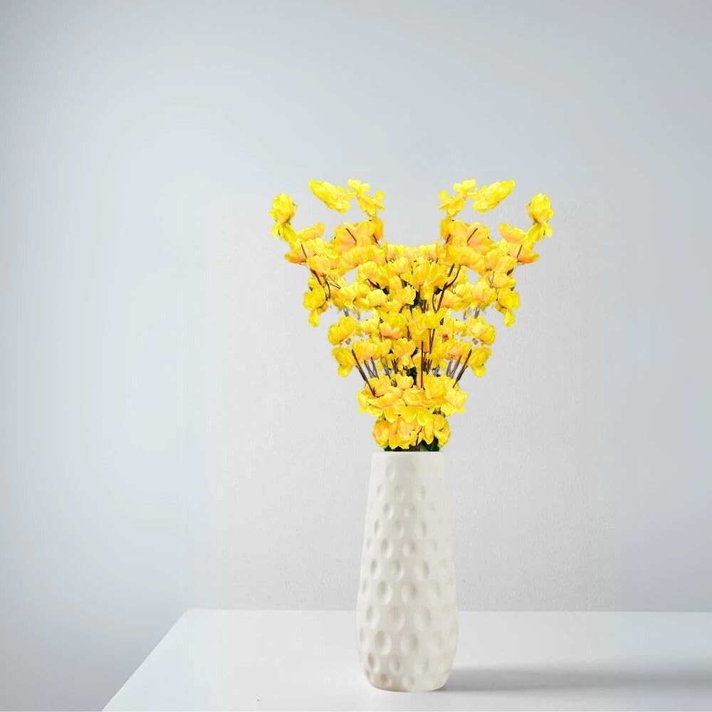 GoHooked yellow artificial flowers in a white textured vase, perfect for home and office decor.