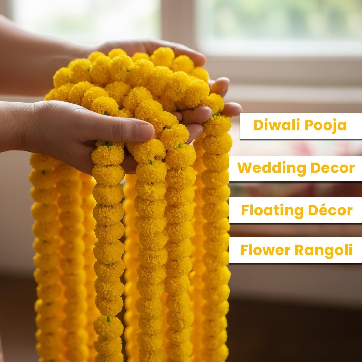 Go Hooked yellow artificial marigold flower garlands for festive occasions like Diwali and weddings.
